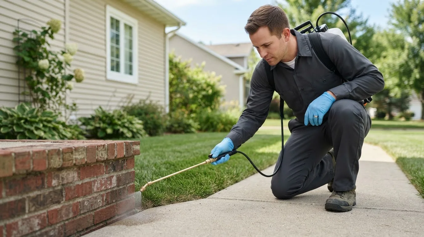 Pest control technician treating a home near Kanawha, IA
