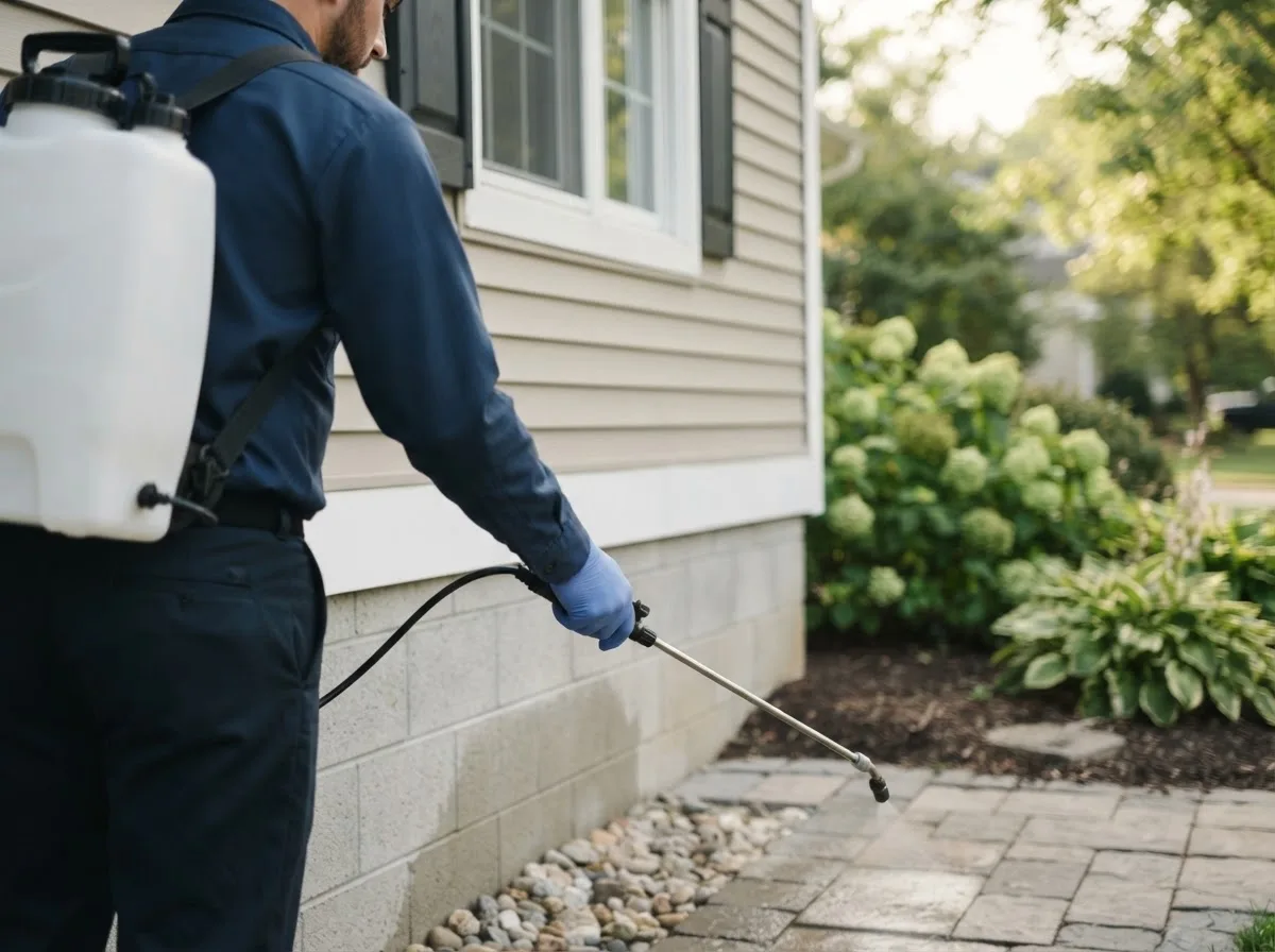 Pest control technician inspecting a home in Kanawha, IA